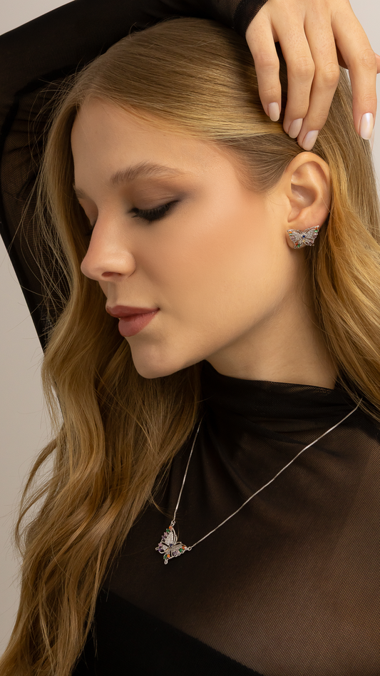 Conjunto de Colar e Brincos Borboleta com Zircônia Coloridas