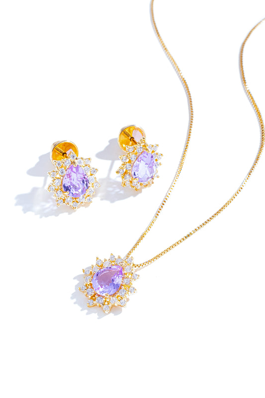 Conjunto de Colar e Brincos Oval com Zircônia Violeta