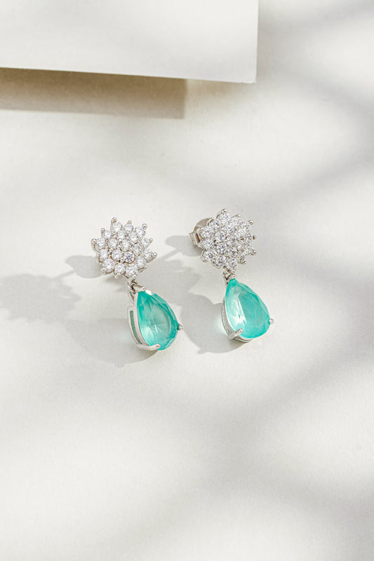 Brinco Flor Zircônia e Gota Verde em Prata Italiana