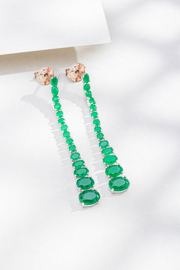 Brinco Longo Pedras Ovais  em Prata Italiana