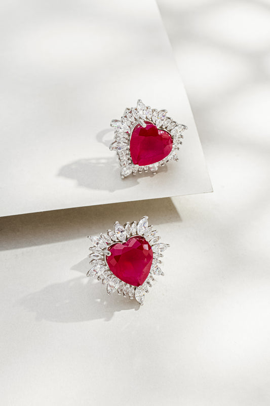 Brinco Coração em Prata Italiana com Zircônia Vermelho