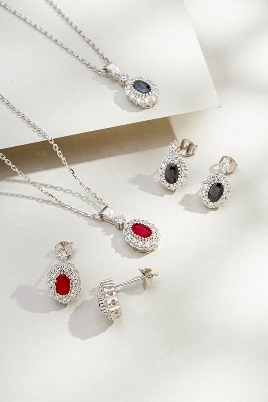 Conjunto Colar e Brincos Oval Prata Italiana com Zircônia