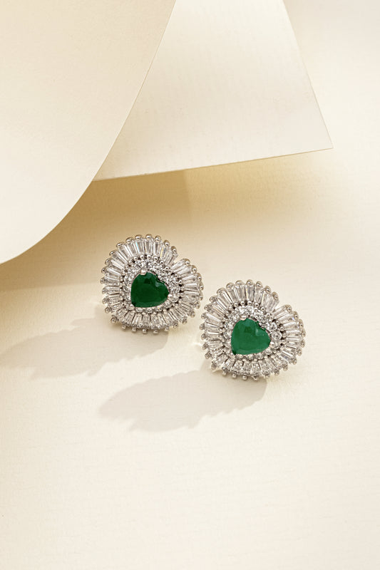 Brinco Coração em Prata Italiana de Pedra Jade Cravejado