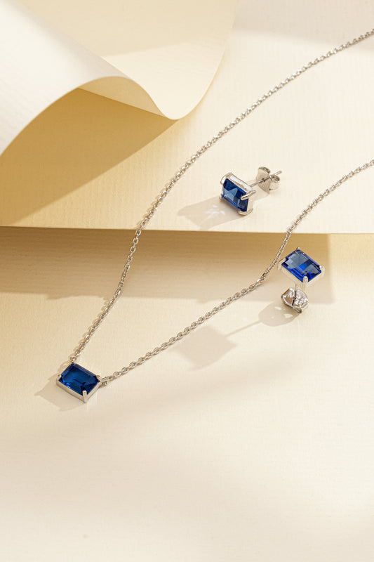 Conjunto de Colar e Brincos Retangular Azul