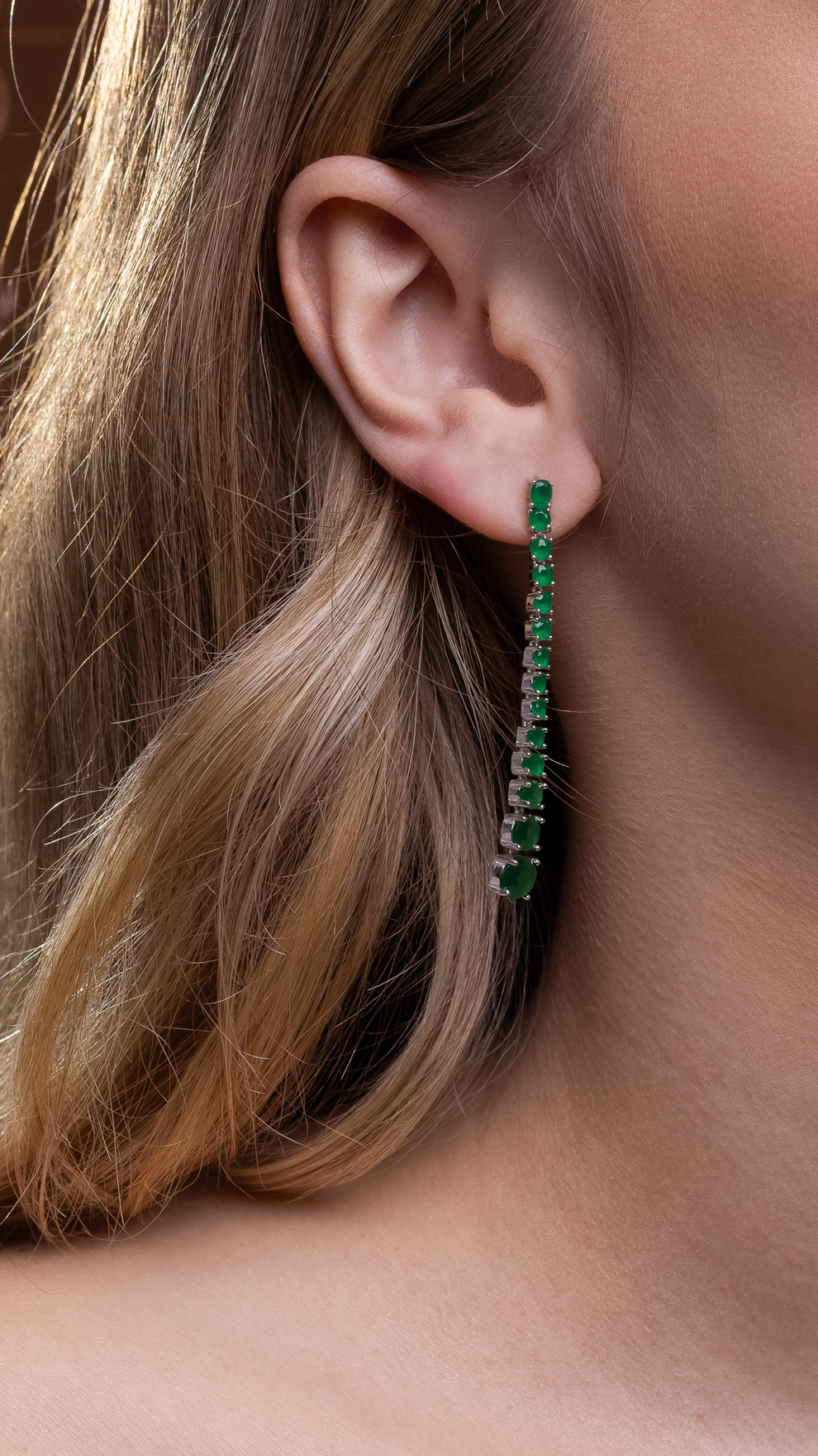 Brinco Longo Pedras Ovais  em Prata Italiana