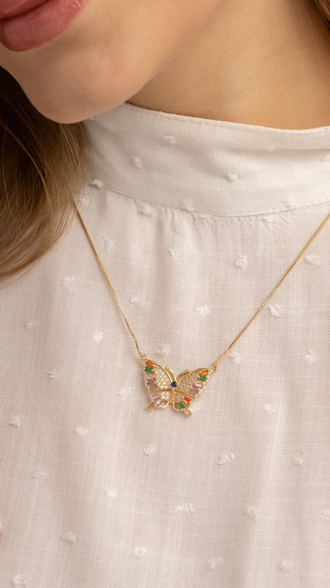 Conjunto de Colar e Brincos Borboleta com Zircônia Coloridas