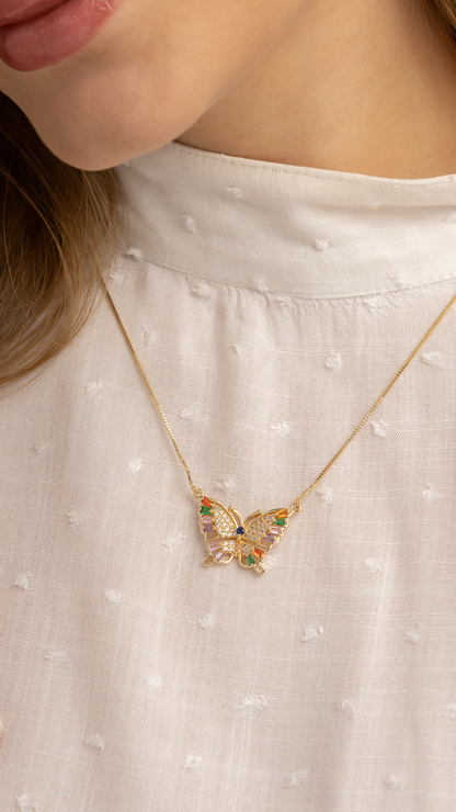 Conjunto de Colar e Brincos Borboleta com Zircônia Coloridas