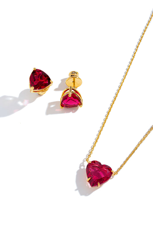 Conjunto de Colar e Brincos Coração com Zircônia Vermelho