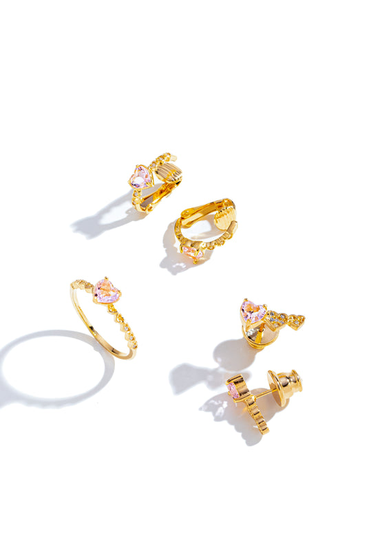 Conjunto de Anel e Brincos de Corações com Zircônia