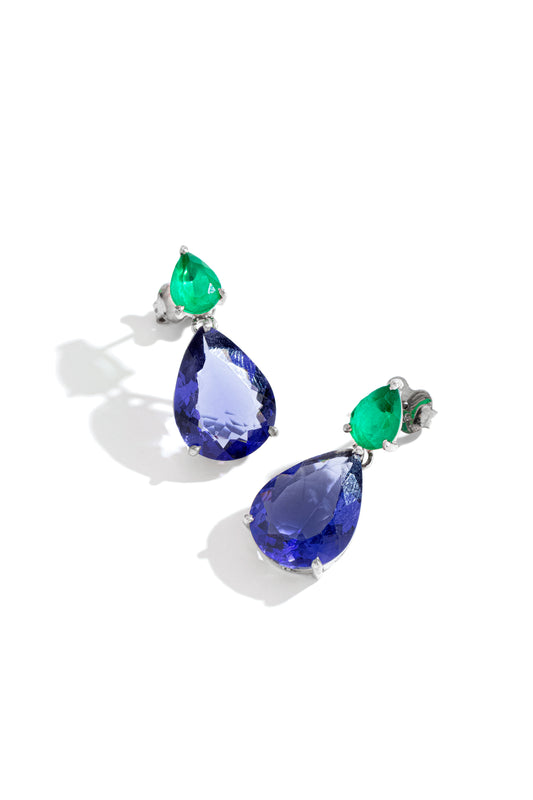 Brinco com Zircônias Azul e Verde em Prata Italiana