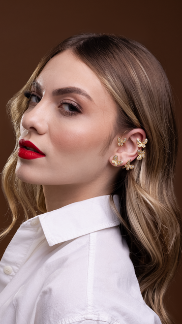 Brinco Ear Cuff Encaixe com Borboletas com Zircônias