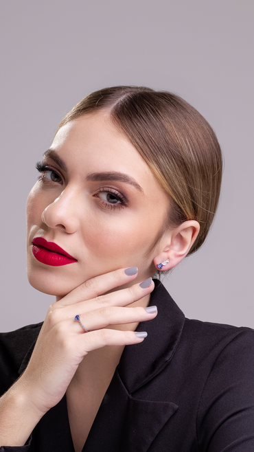 Conjunto de Brincos e Anel de Corações com Zircônia Azul