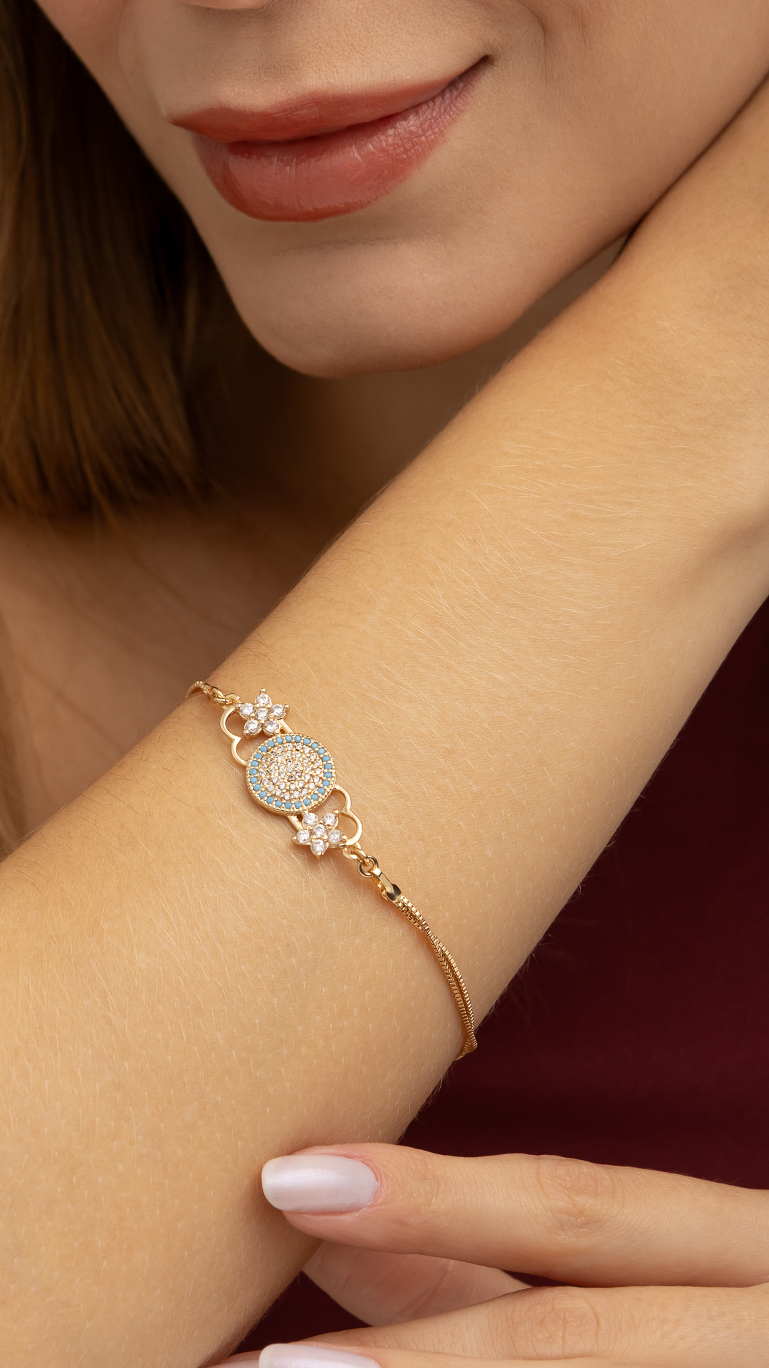 Pulseira Coração e Flor com Cristais Azuis