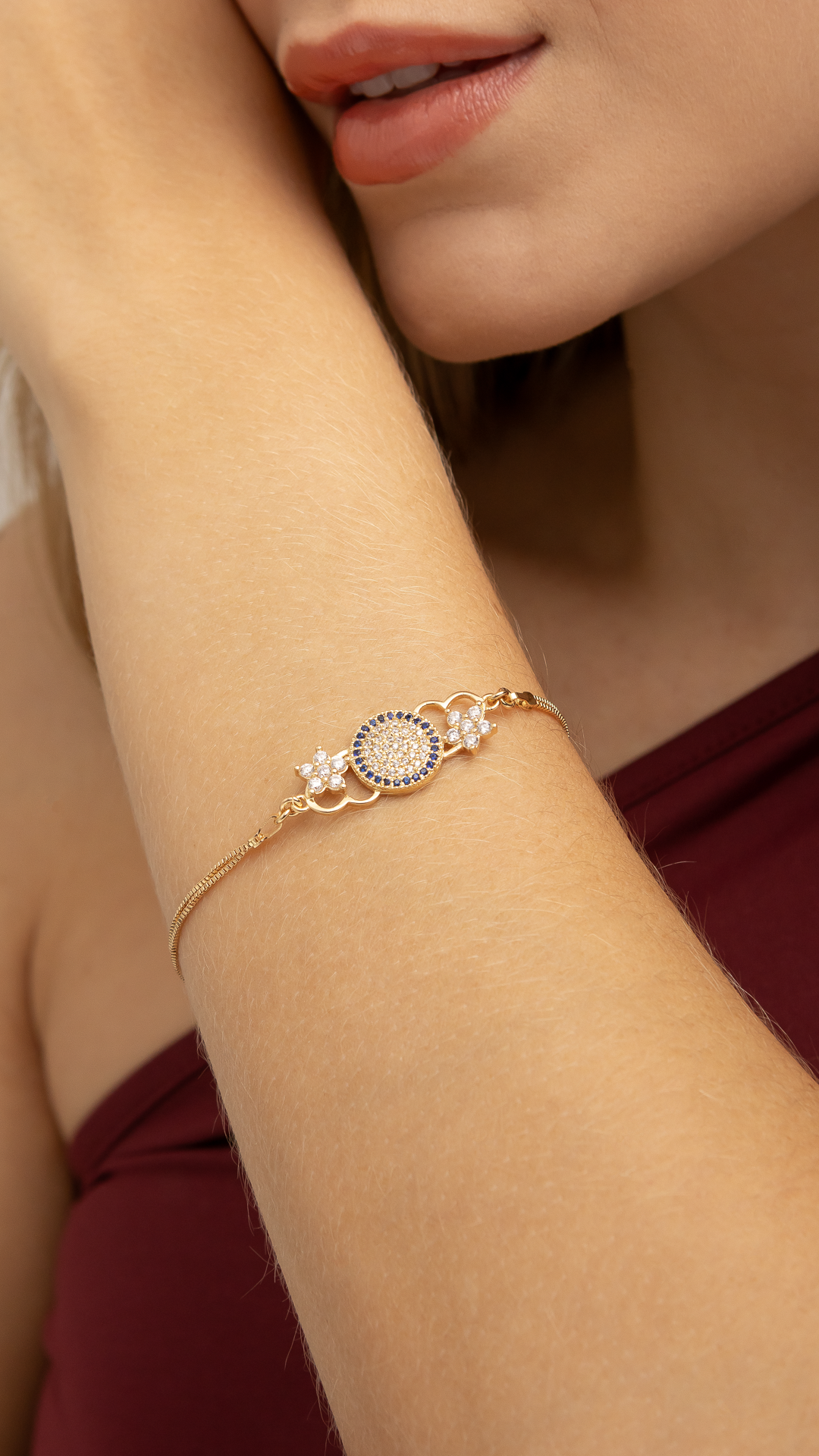 Pulseira Coração e Flor com Cristais Azuis