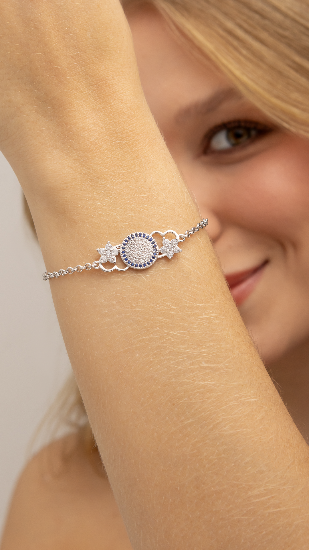 Pulseira Coração e Flor com Cristais Azuis